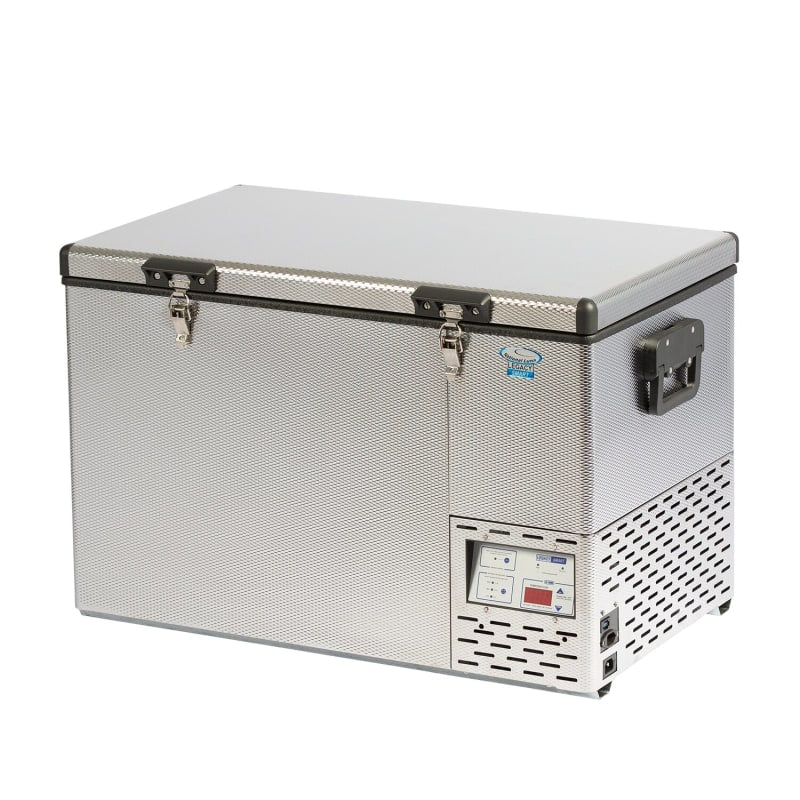 Metallic silver Camping Fridge/Freezer box with a brand logo on a white background