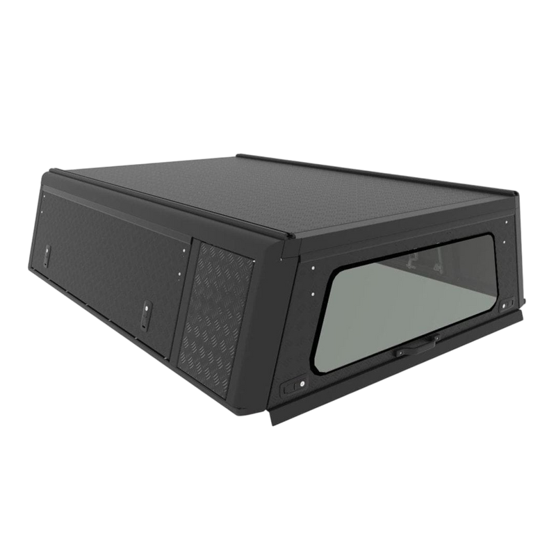 Black Alu-Cab Explorer Canopy for extra cab, with treaded finish. Camp4x4 camp 4x4, overlanding, camping