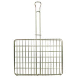Stainless steel braai grid with handle on a white background