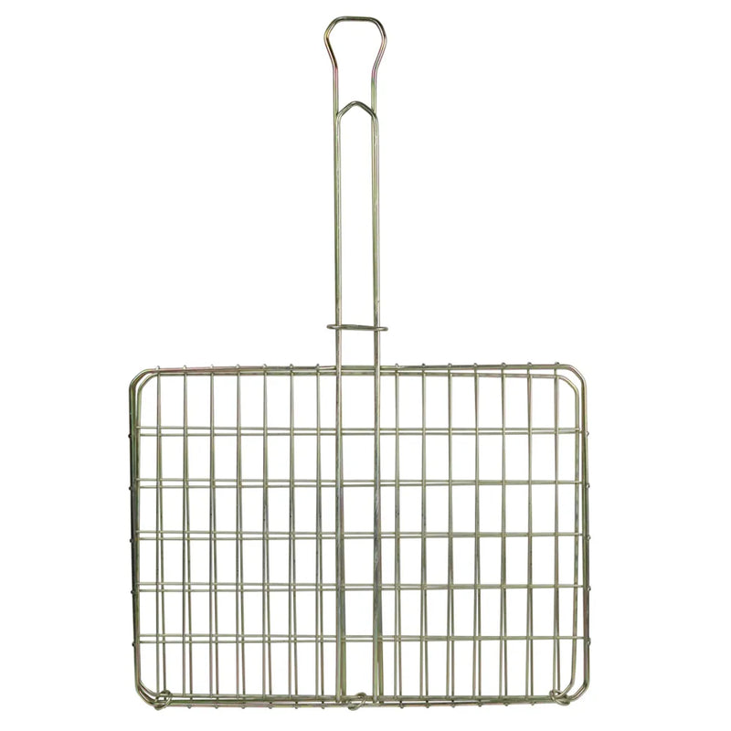 Stainless steel braai grid with handle on a white background