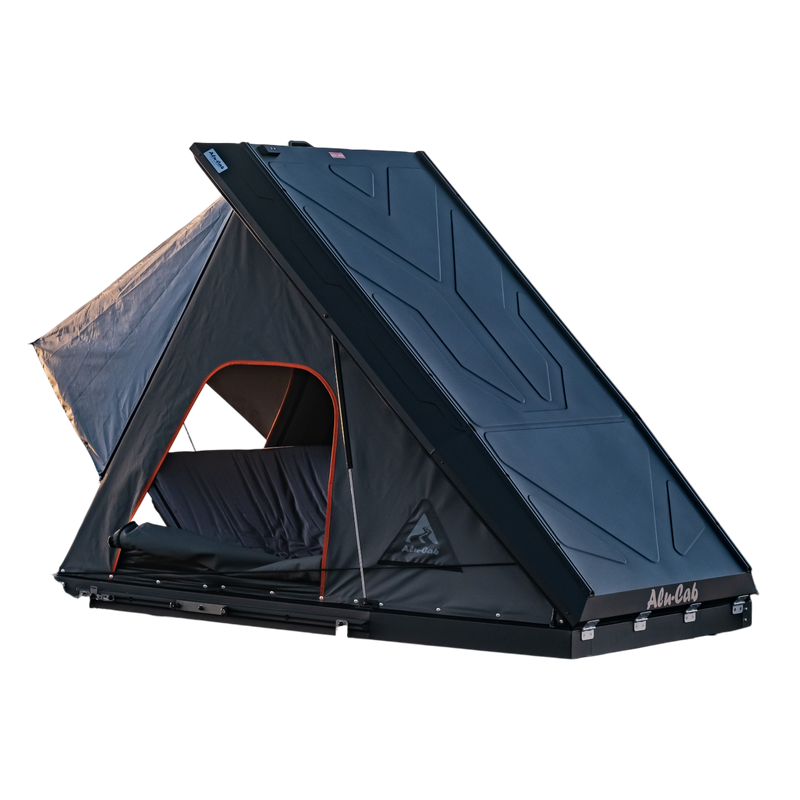 Alu-Cab Gen3.R rooftop tent, for camping and overlanding. Camp 4x4, Available at Camp4x4. Backrest and dropdown table accessories fitted