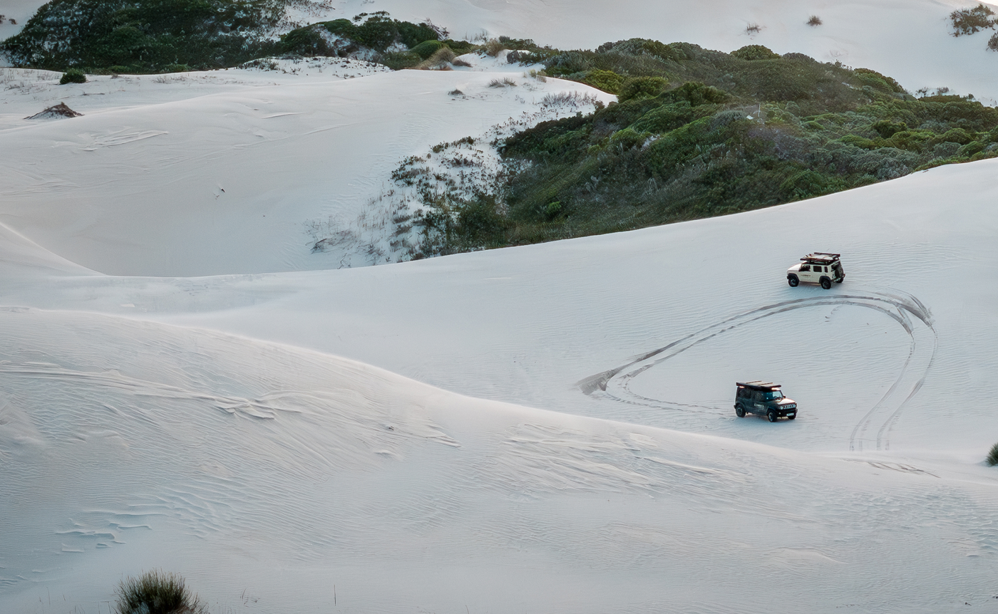 Two off-road vehicles driving on a sand dunes with greenery.