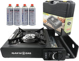 Portable butane gas stove, four butane gas canisters, and a carrying case on a white background.