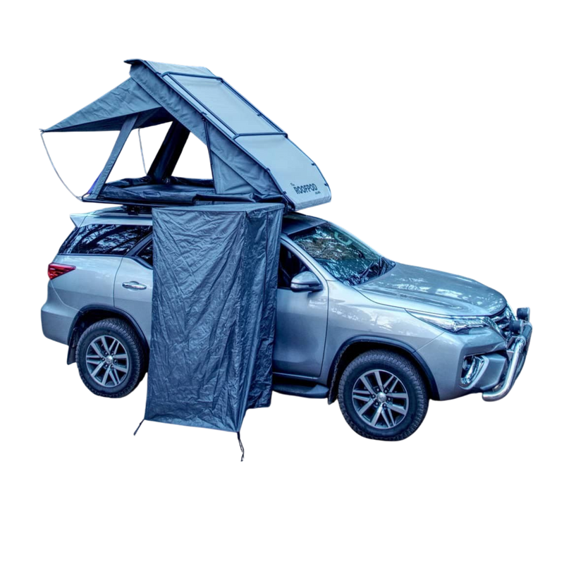 Toyota Fortuner with a RoofPod Roof Pod rooftop tent and Shower Cube and awning. ComfyPod, SoloPod, CozyPod. Camp 4x4, Available at Camp4x4. Overlanding Products and fitments. Camping gear