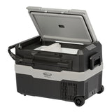 Black and gray 45ltr portable fridge with open lid on a white background